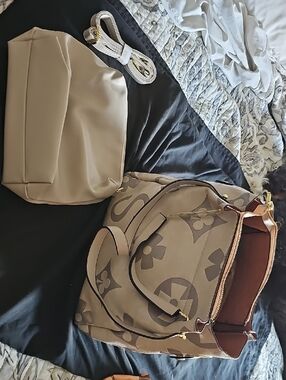Designer-Style Taupe Monogram Shoulder Bag with Removable Pouch